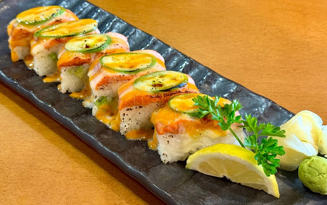 Seared salmon pressed sushi with jalapeno